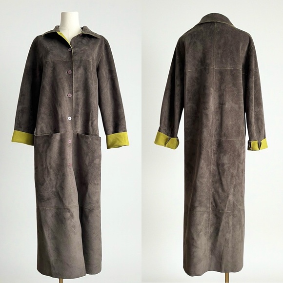 Vintage Jackets & Blazers - Vintage 90s Y2k Olive Green Faux Suede Long Coat Womens M Worlds Apart